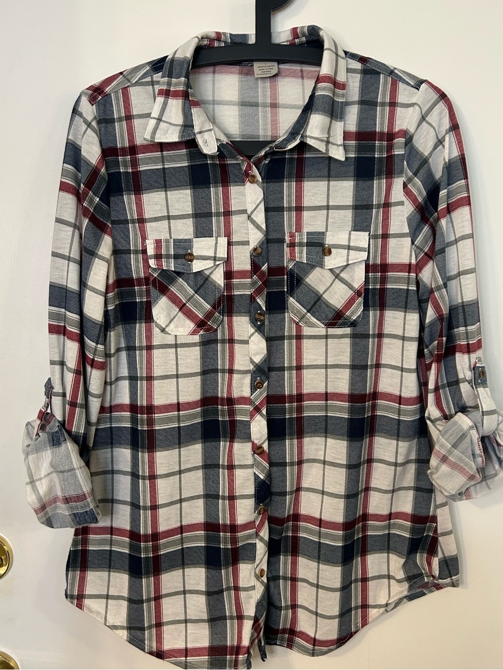 Passport Women’s White Navy Grey and Red Plaid Button-Down Shirt Size L